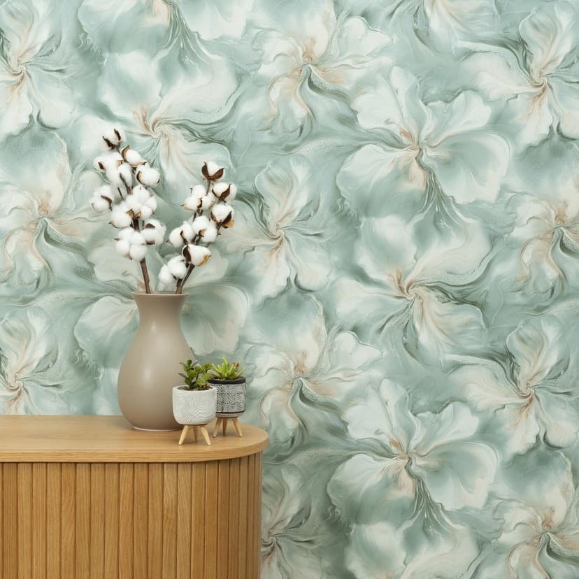 Icke-vävd tapet, tapet med blommotiv Aurora grön
