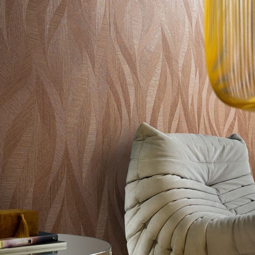Non-woven tapet i konstnärlig våglook och beige, röd våg