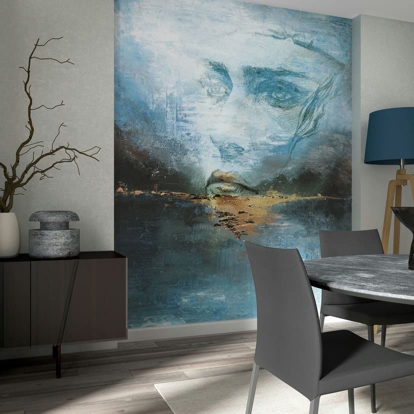 Fototapet i blått med abstrakt ansiktsgrafik natur 2,70 x 2,12m