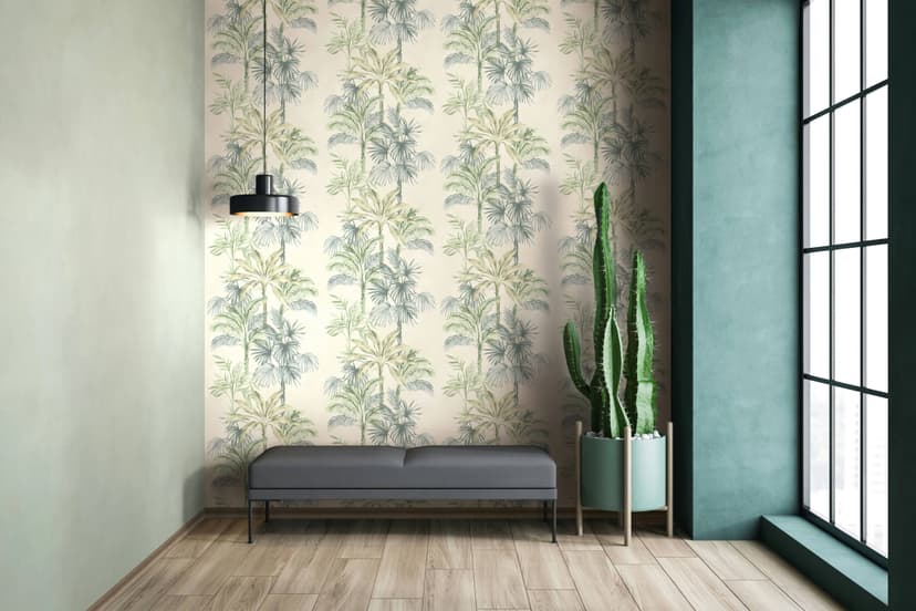 Non-woven tapet i beige grön träd blad djungel blommig natur