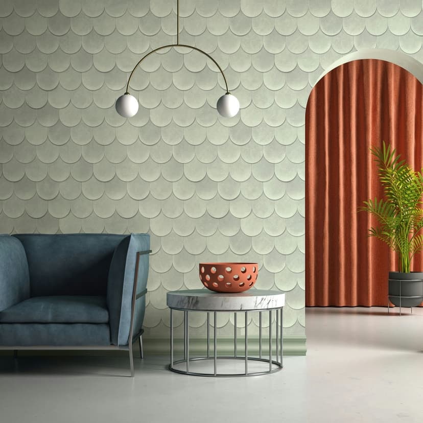 Non-woven tapet i grönt 3D-look skalor vintage begagnad look geometrisk