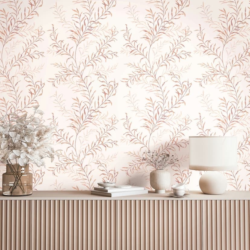 Icke-vävd tapet blad blommor natur matt i vit rosa beige