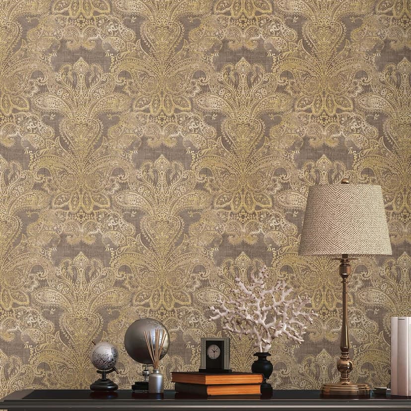 Vintage Baroque non-woven tapet brun, beige, gul - non-woven tapet med ornament