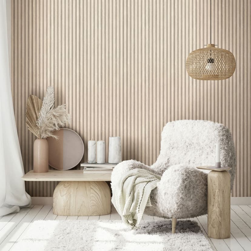 Non-woven tapet i grå beige 3D-look akustikpanel look trä ränder klassisk