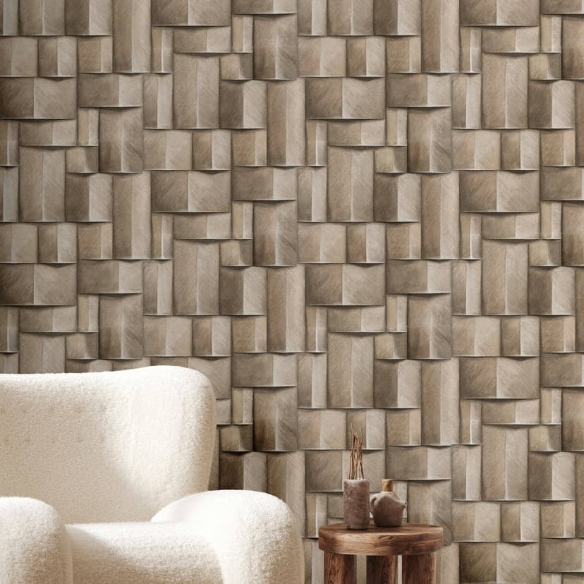 Non-woven tapet med geometriskt trämotiv i beige, brun 3D-look