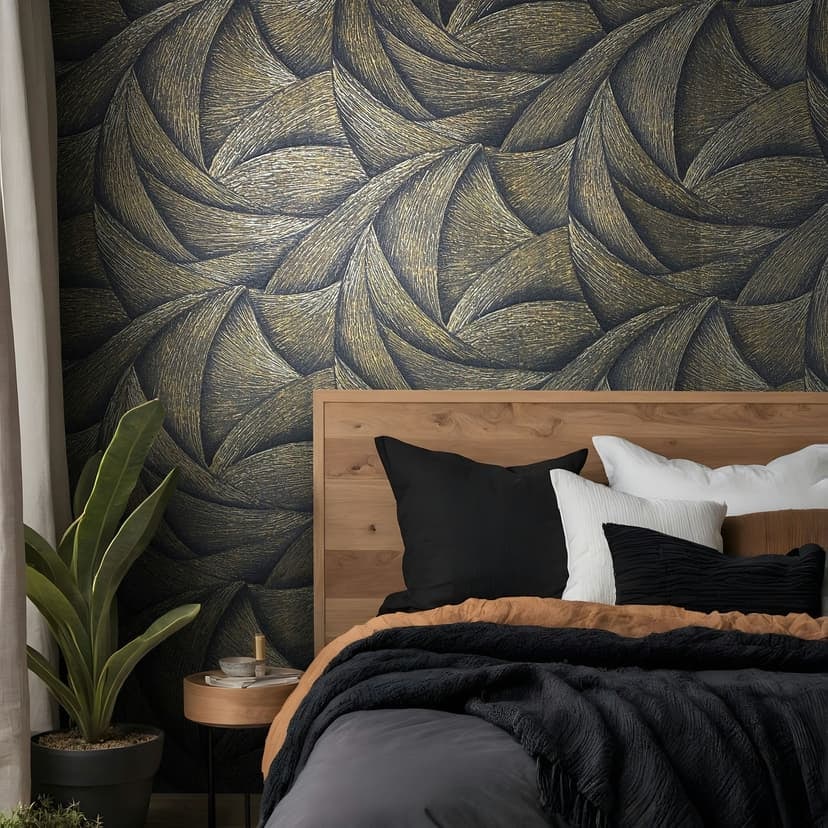 Non-woven tapet i svart, guld 3D-look vågor grafisk modern