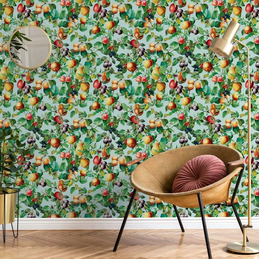 Icke-vävd tapet frukt, blad blommig natur matt i blått