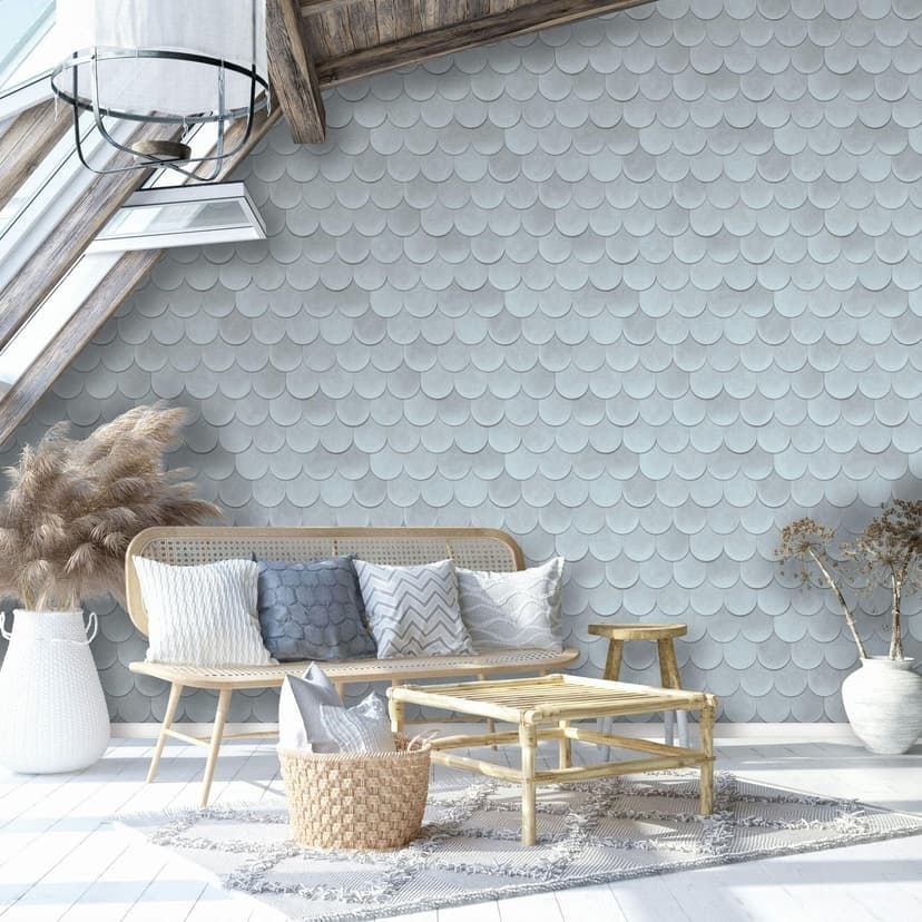 Non-woven tapet i blått 3D-look skalor vintage begagnad look geometrisk