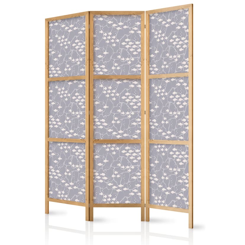 Japanischer Paravent Raumteiler - Tiny Light-Beige Fish: Oceanic Depths, 3-teilig