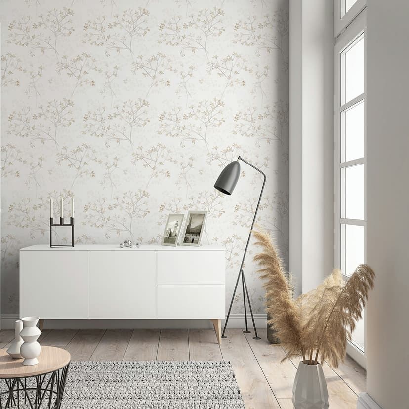 Icke-vävd tapet blad blommor natur matt i vit beige