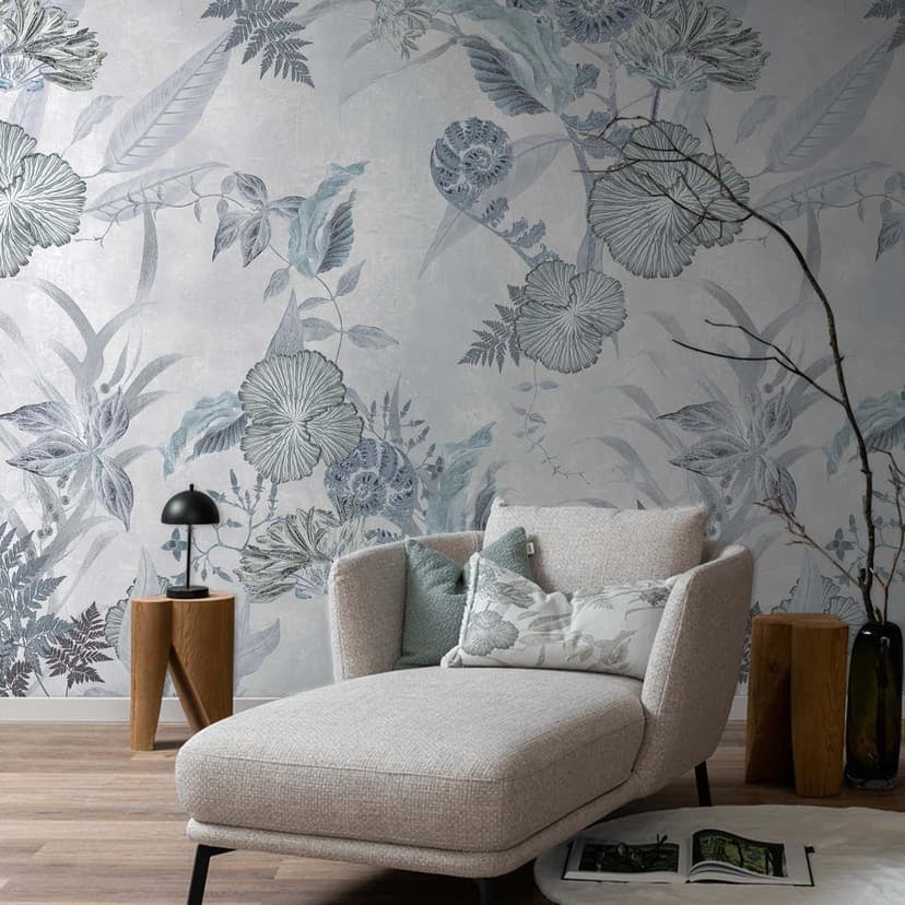 Fototapet blommor, blad blommig natur, modern i grått
