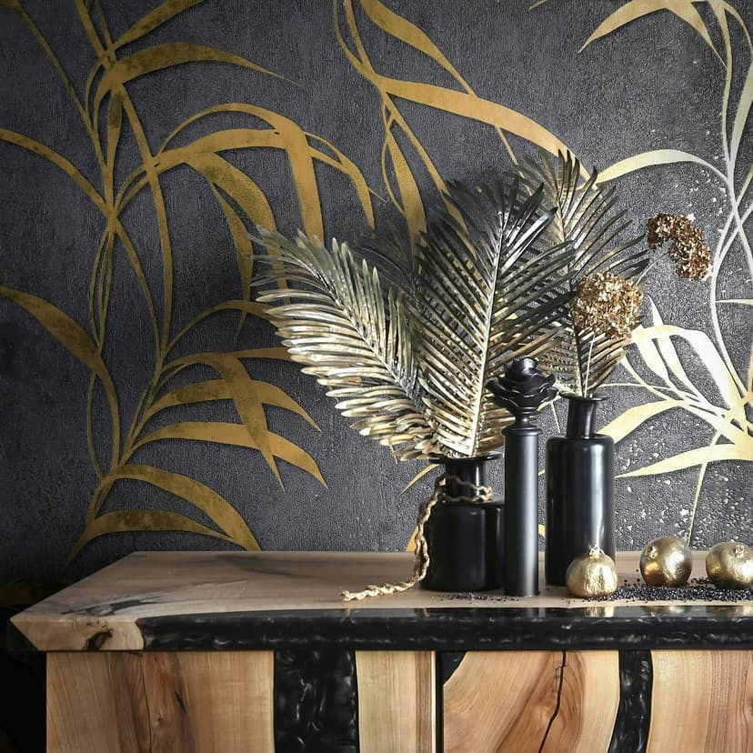 Non-woven tapet med blad i betonglook svart blommig