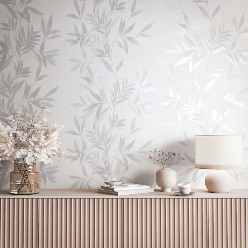 Non-woven tapet i vitt, grått bladmotiv bladlook blommig natur