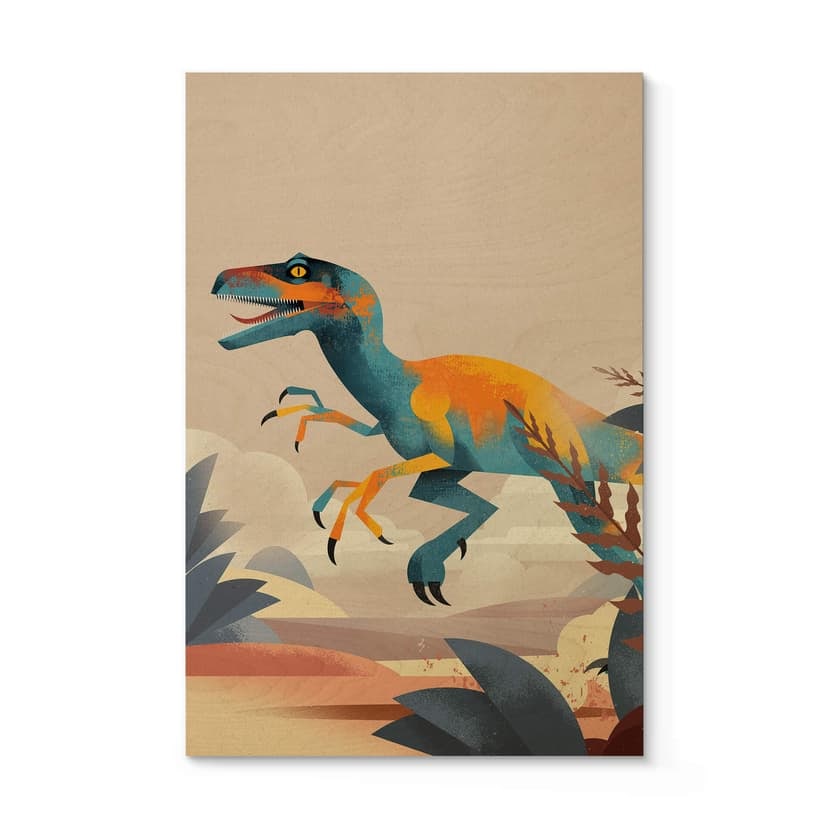 Träposter Dinosaurie - Velociraptor - Brun
