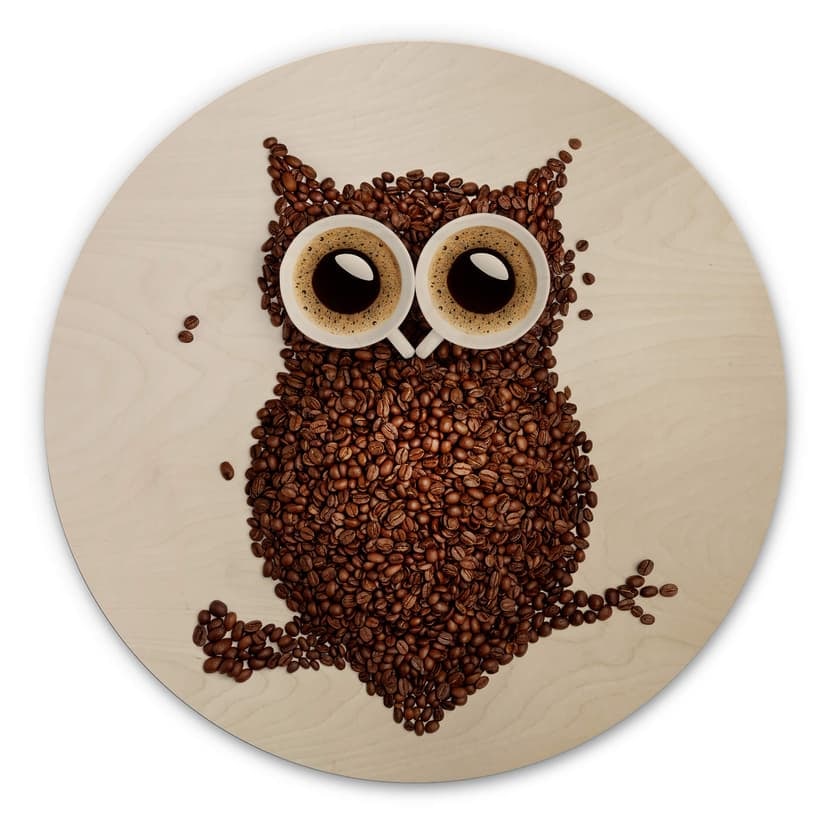 Trätavla i trä kaffe uggla - rund