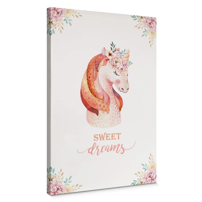 Canvastavla Kvilis - Sweet Dreams - Enhörning med blomsterkrans