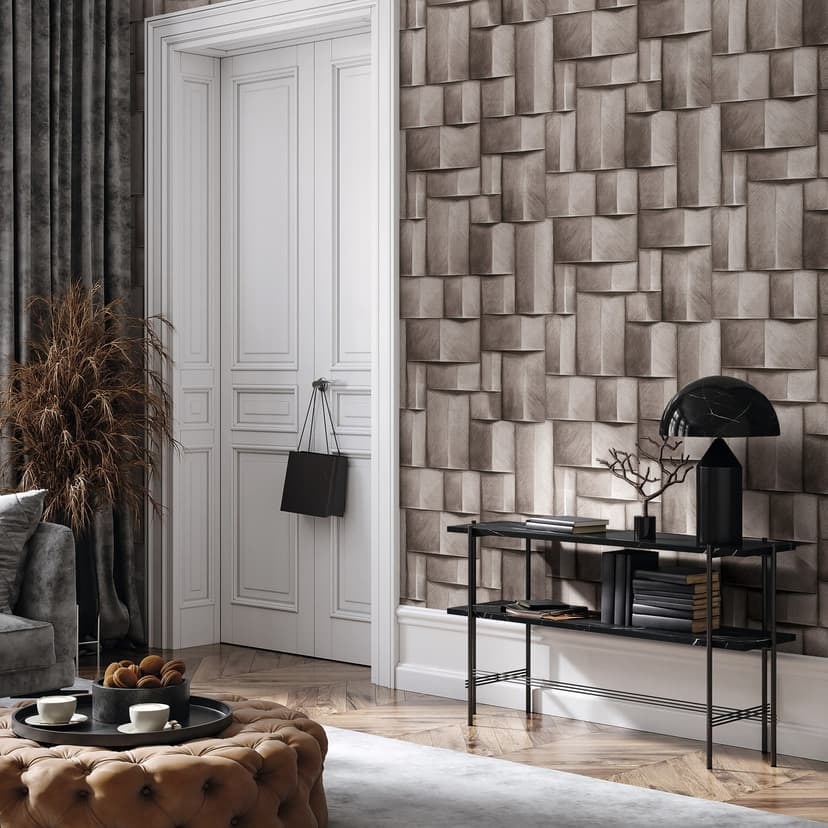 Non-woven tapet med geometriskt brunt trämotiv i 3D-look