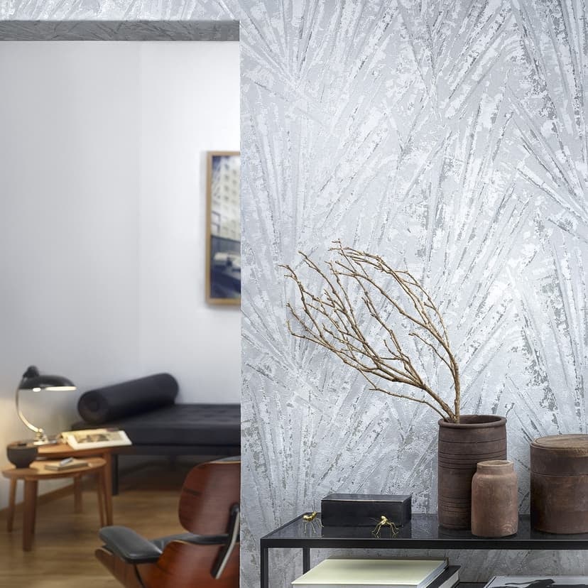 Non-woven tapet med glans och solfjäderlook grå, silverstruktur