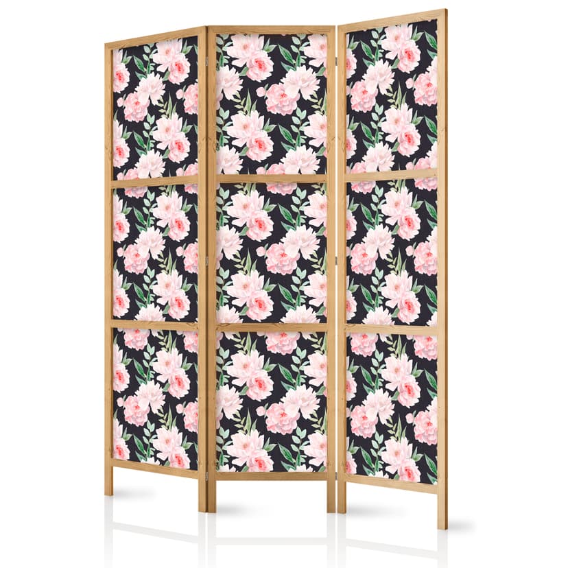 Japanischer Paravent Raumteiler - Peonies on Graphite Background, 3-teilig