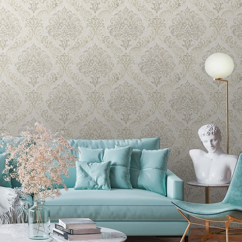 Tapet ornament vit, silver - klassisk barock non-woven tapet för vardagsrummet