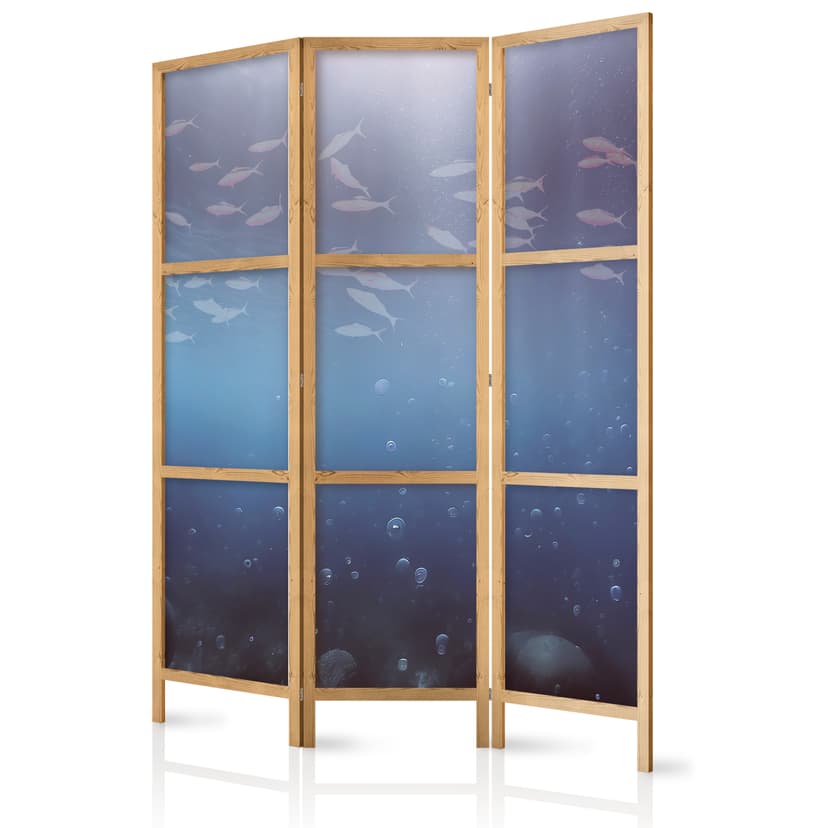 Japanischer Paravent Raumteiler - Illuminated Oceanic Depth: School of Tiny Fish, 3-teilig