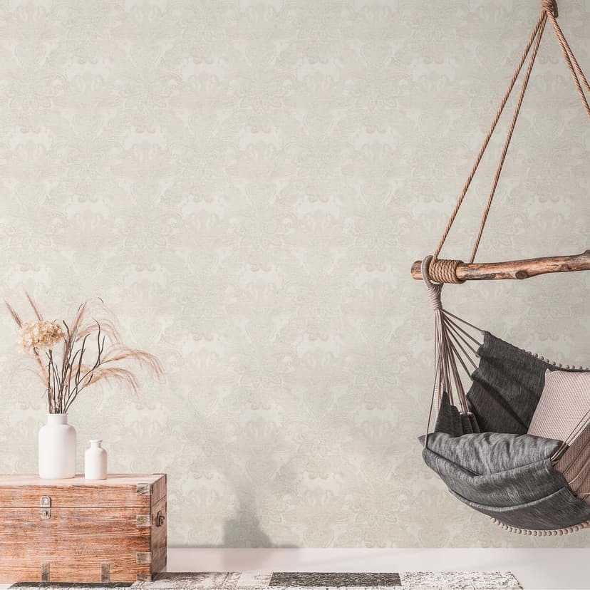 Barock vintage non-woven tapet vit, gräddgrå - mönstrad tapet med ornament