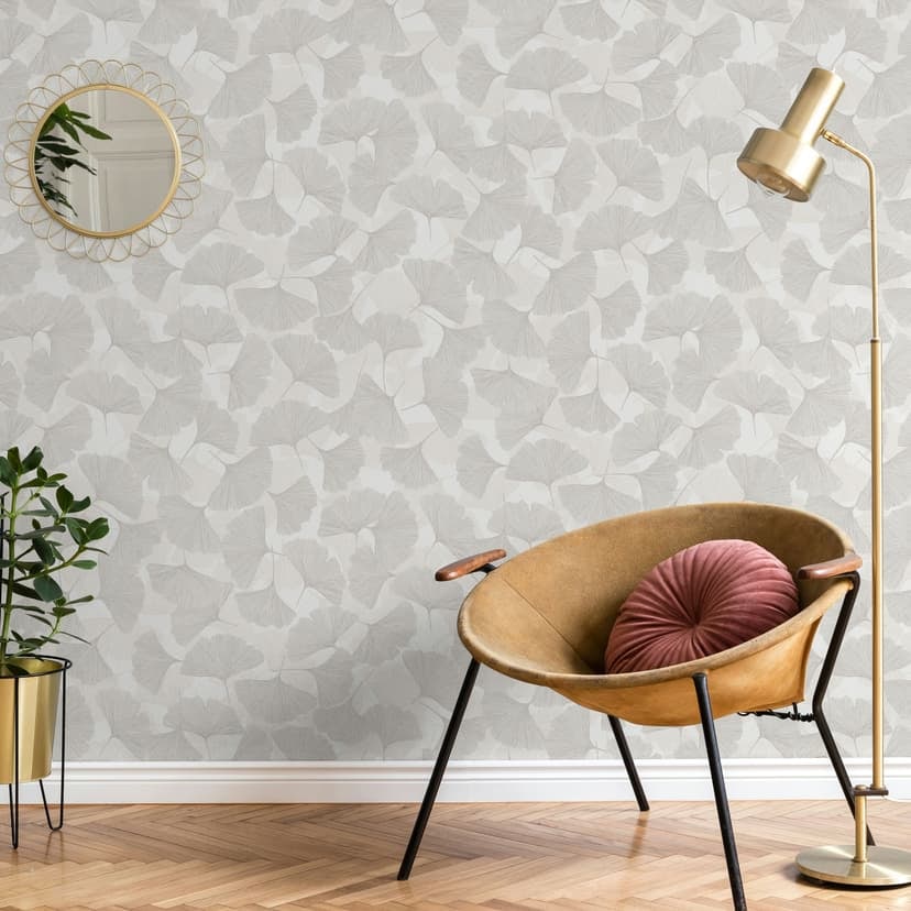 Icke-vävd tapet 3D, blad blommig natur matt i grå beige