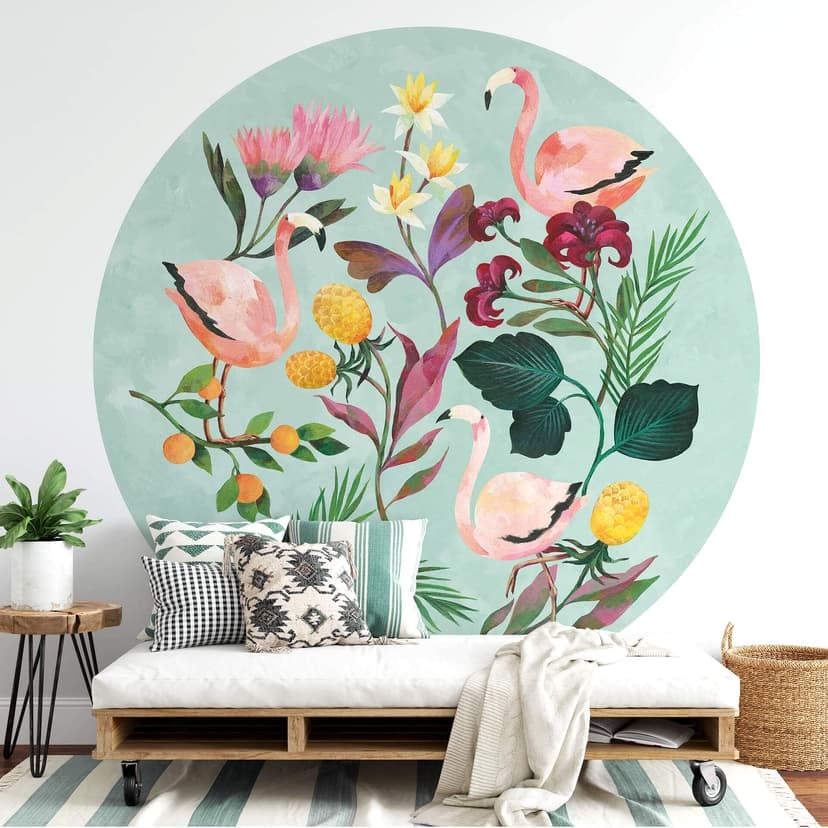 Blanz - Sommarflamingo - Fototapet, rund - non-woven tapet/självhäftande non-woven tapet