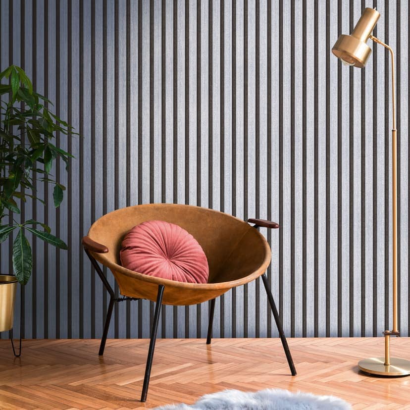 Metallblå non-woven tapet med svart skandinavisk akustisk träpanel look lyxig tapet