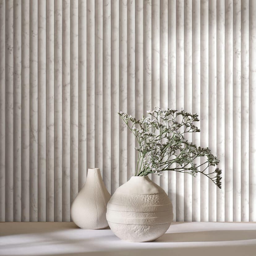 Non-woven tapet i beige, grå marmorlook stenpanel ränder klassiska