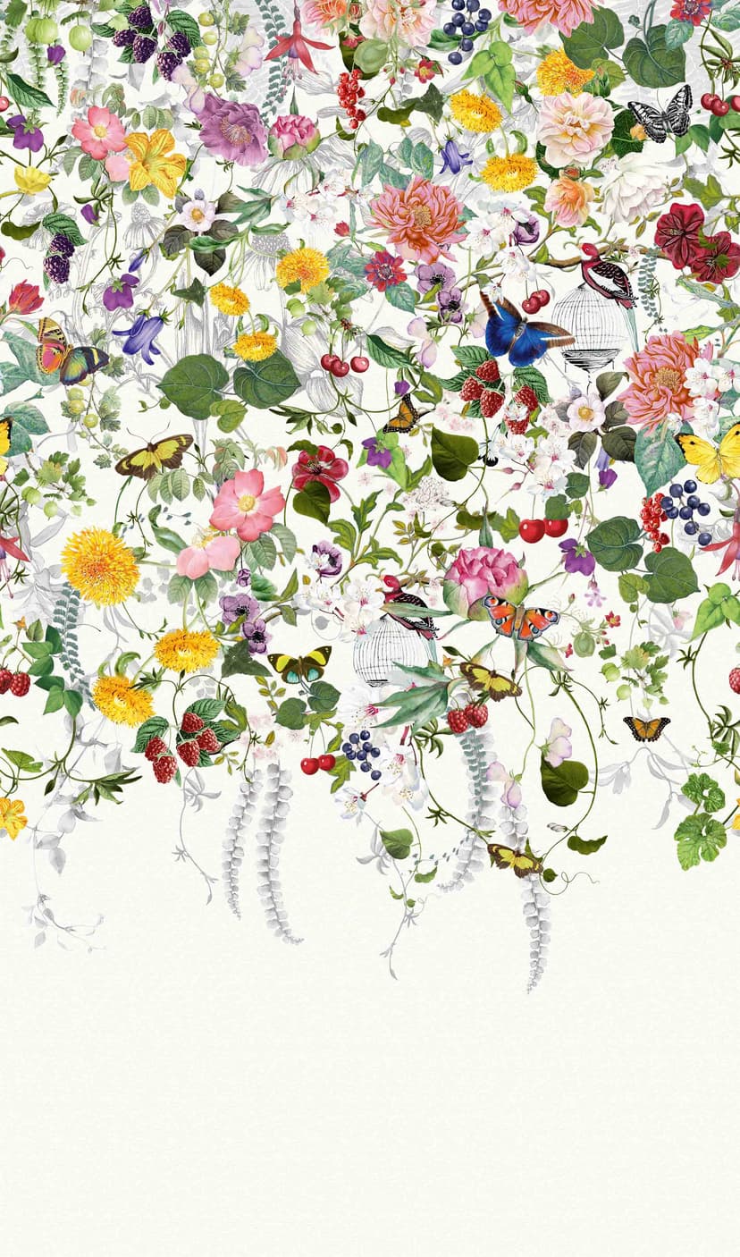 Fototapet Färgglad blomsteräng med fjärilar och bär vintage 2,7 x 1,59 m
