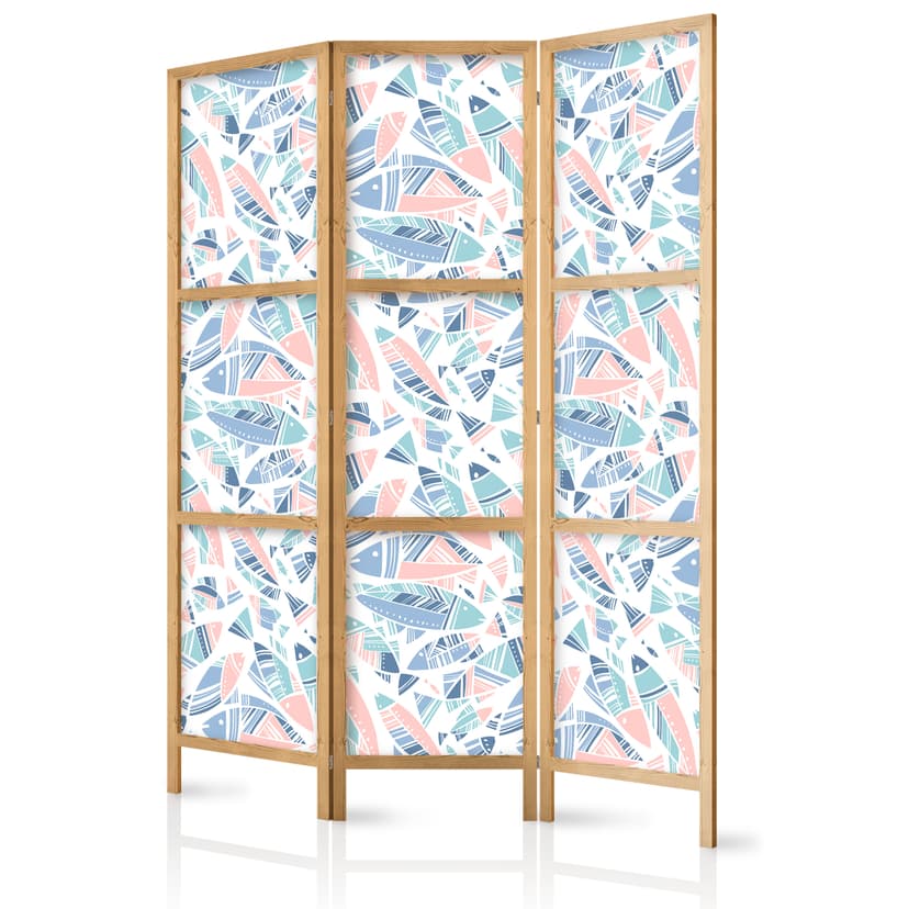 Japanischer Paravent Raumteiler - Fish in Aztec Style in Pastel Color Shade, 3-teilig