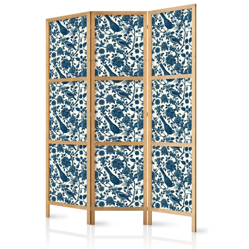 Japanischer Paravent Raumteiler - Rose Vines with Blue Birds, 3-teilig