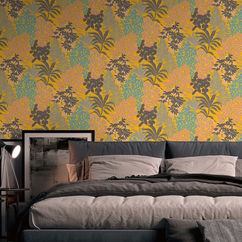 Djungel tapet gul, svart - non-woven tapet löv växter modern design tapet