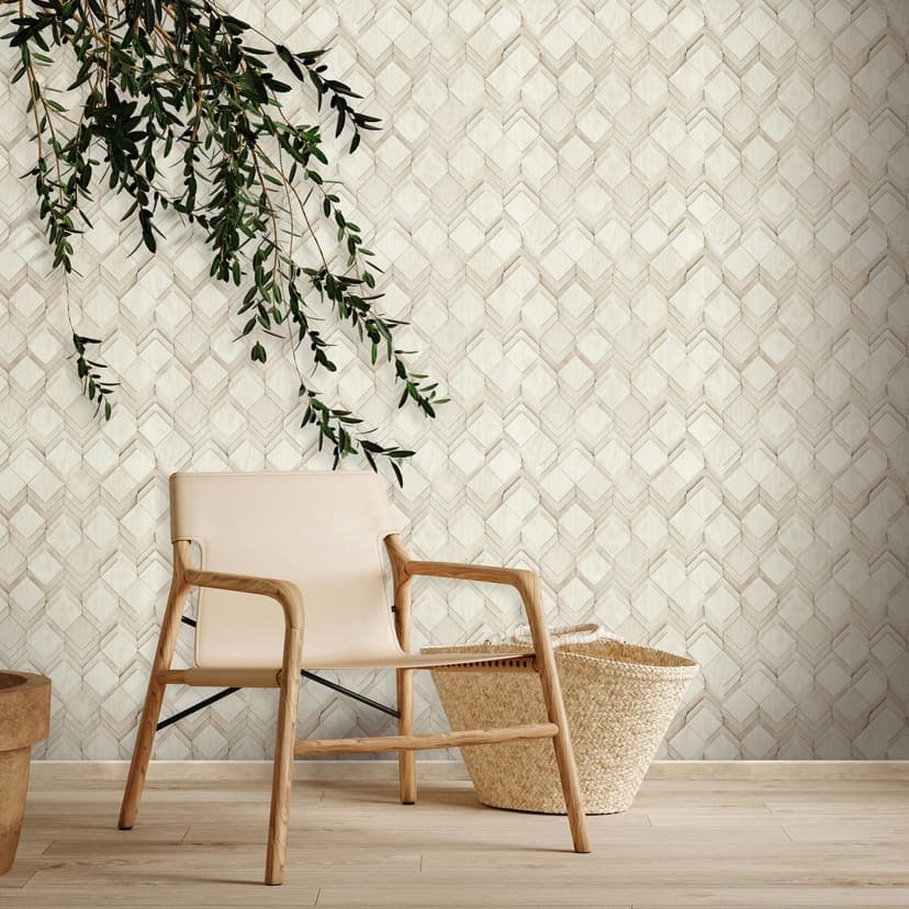 Non-woven tapet i vitt, beige rombillusion 3D-look modern
