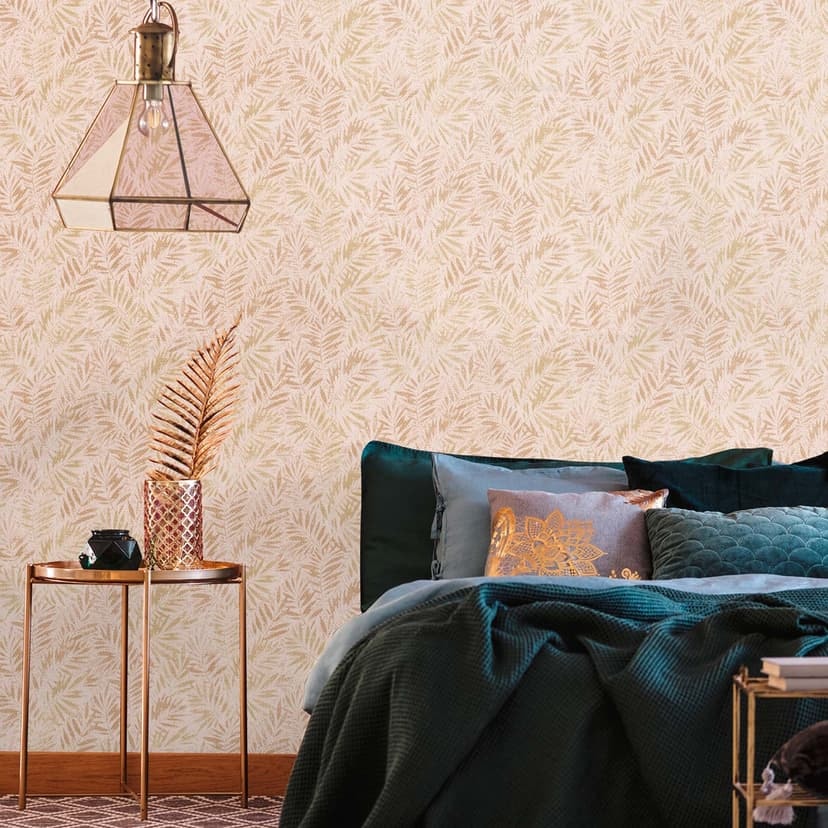 Tapet palmblad rosa, guld - non-woven tapet blad, växter mönster tapet