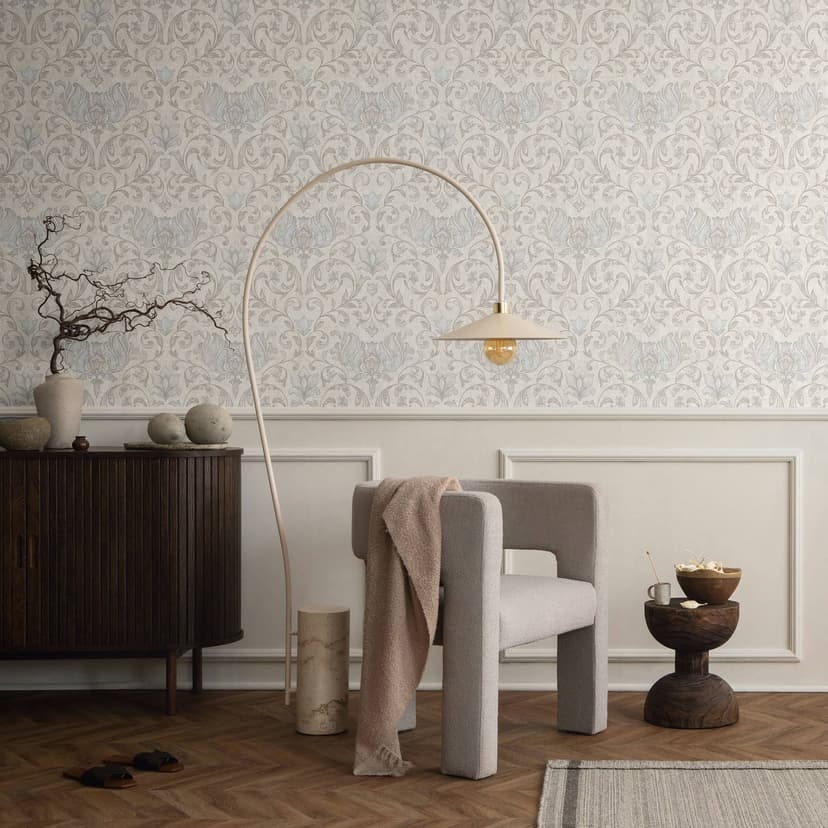 Non-woven tapet med blommor, blad ornamental glansig grå, beige blommig