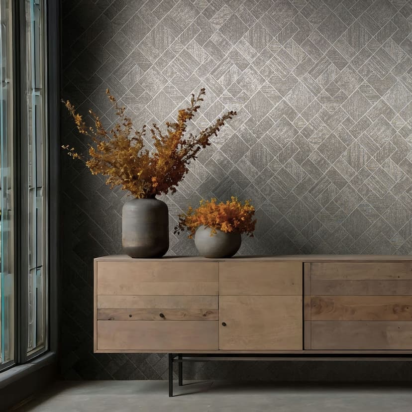 Non-woven tapet i silver, grått rutigt, diamantmönster grafiskt geometriskt