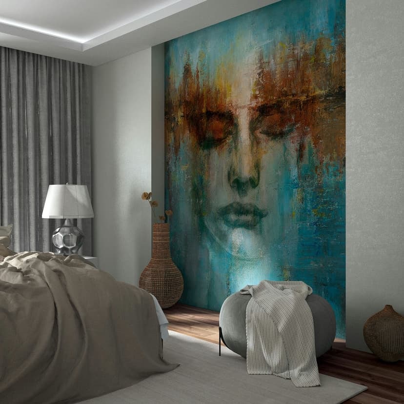 Fototapet i grönt med abstrakt ansiktsgrafik modern 2,70 x 2,12m
