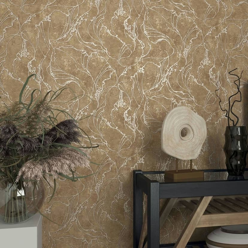 Non-woven tapet med böjda glänsande linjer brun grafik