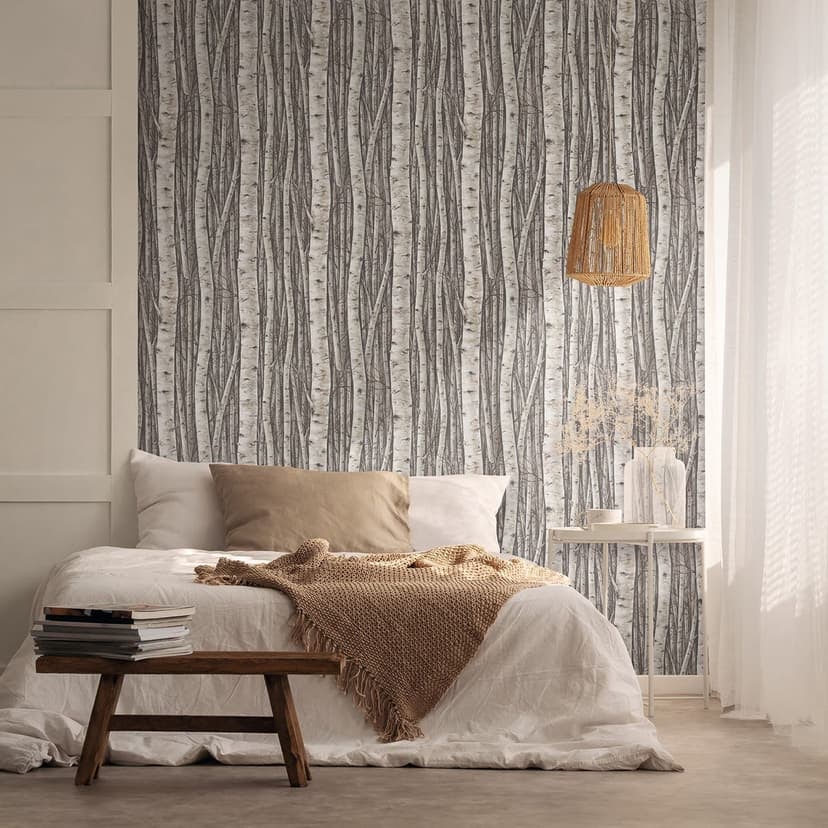 Non-woven tapet med skogar och bokträd grå, brun blommig