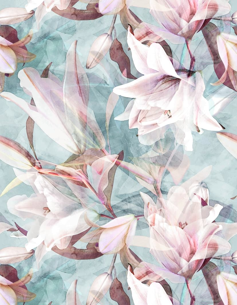 Fototapet Delikata akvarellblommor i pastell på ljusblå med mjukt fokus 3,4 x 2,65 m