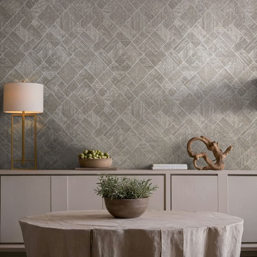 Non-woven tapet i grått, beige rutigt, diamantmönster grafiskt geometriskt