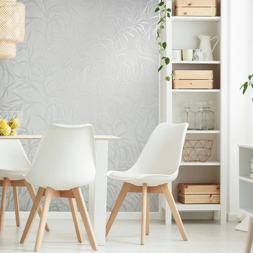 Non-woven tapet med blad i betonglook vitblommig