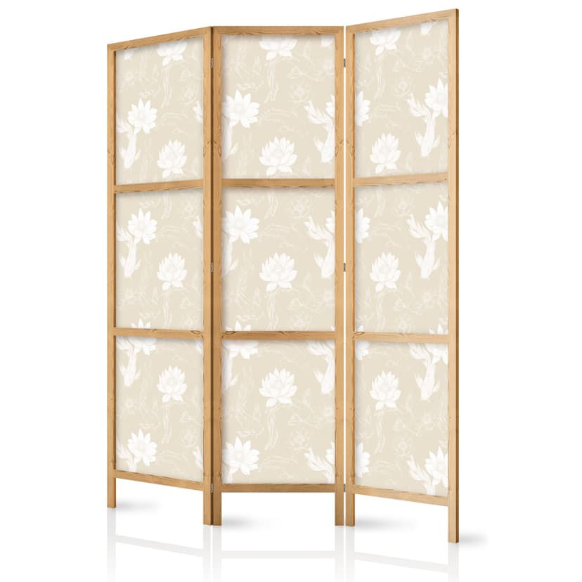 Japanischer Paravent Raumteiler - Fish and Water Lilies: Sand-Beige Background, 3-teilig