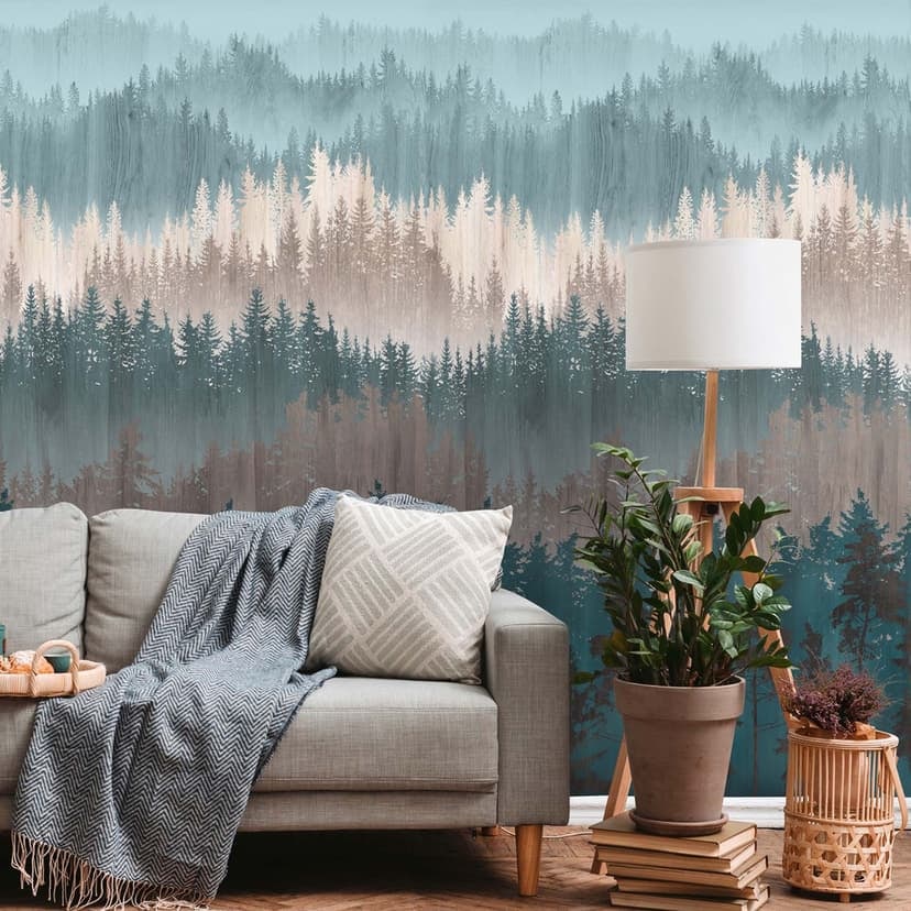 Fototapet natur skog blå beige tapet träd modern för kök, vardagsrum