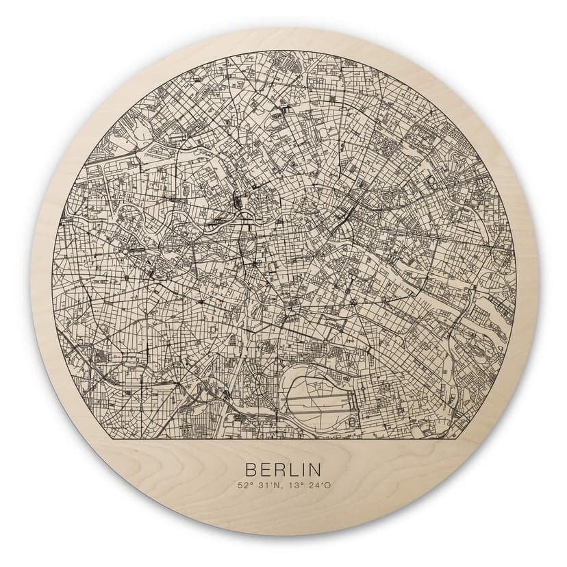 Stadskarta i trä med bild Berlin - rund