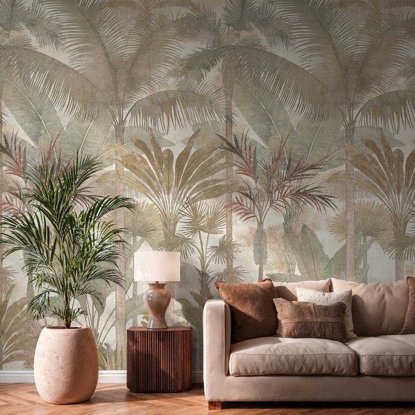 Fototapet palmer djungel expanderbar beige grädde 159x280 cm Icke-vävd tapet