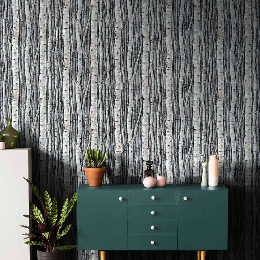 Non-woven tapet med skogar och bokträd grå, blå blommig