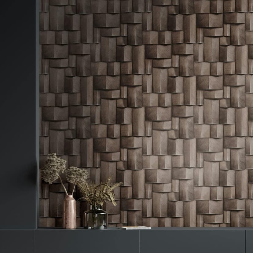 Non-woven tapet med geometriskt trämotiv i grå, brun 3D-look